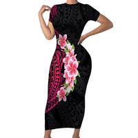 Hawaiian Tropical Plumeria Art Polynesian Tattoo Family Matching Short Sleeve Bodycon Dress and Hawaiian Shirt Black and Bright Pink Color LT03 Mom's Dress Pink - Polynesian Pride