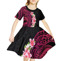 Hawaiian Tropical Plumeria Art Polynesian Tattoo Kid Short Sleeve Dress Black and Bright Pink Color LT03 - Polynesian Pride