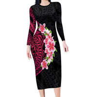 Hawaiian Tropical Plumeria Art Polynesian Tattoo Long Sleeve Bodycon Dress Black and Bright Pink Color LT03 Long Dress Pink - Polynesian Pride
