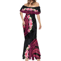 Hawaiian Tropical Plumeria Art Polynesian Tattoo Mermaid Dress Black and Bright Pink Color LT03 - Polynesian Pride