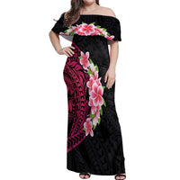 Hawaiian Tropical Plumeria Art Polynesian Tattoo Off Shoulder Maxi Dress Black and Bright Pink Color LT03 Women Pink - Polynesian Pride