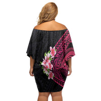 Hawaiian Tropical Plumeria Art Polynesian Tattoo Off Shoulder Short Dress Black and Bright Pink Color LT03 - Polynesian Pride