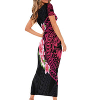 Hawaiian Tropical Plumeria Art Polynesian Tattoo Short Sleeve Bodycon Dress Black and Bright Pink Color LT03 - Polynesian Pride