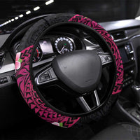 Hawaiian Tropical Plumeria Art Polynesian Tattoo Steering Wheel Cover Black and Bright Pink Color LT03 Universal Fit Pink - Polynesian Pride