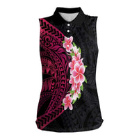 Hawaiian Tropical Plumeria Art Polynesian Tattoo Women Sleeveless Polo Shirt Black and Bright Pink Color LT03 Female Pink - Polynesian Pride