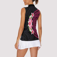 Hawaiian Tropical Plumeria Art Polynesian Tattoo Women Sleeveless Polo Shirt Black and Bright Pink Color LT03 - Polynesian Pride