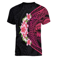 Hawaiian Tropical Plumeria Art Polynesian Tattoo Women V-Neck T-Shirt Black and Bright Pink Color LT03 - Polynesian Pride