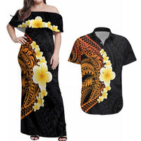 Hawaiian Tropical Plumeria Art Polynesian Tattoo Couples Matching Off Shoulder Maxi Dress and Hawaiian Shirt Black and Autumn Color Theme LT03 Orange - Polynesian Pride