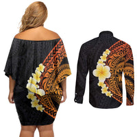 Hawaiian Tropical Plumeria Art Polynesian Tattoo Couples Matching Off Shoulder Short Dress and Long Sleeve Button Shirt Black and Autumn Color Theme LT03 - Polynesian Pride