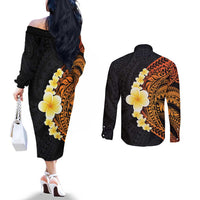 Hawaiian Tropical Plumeria Art Polynesian Tattoo Couples Matching Off The Shoulder Long Sleeve Dress and Long Sleeve Button Shirt Black and Autumn Color Theme LT03 - Polynesian Pride