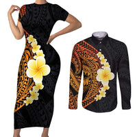 Hawaiian Tropical Plumeria Art Polynesian Tattoo Couples Matching Short Sleeve Bodycon Dress and Long Sleeve Button Shirt Black and Autumn Color Theme LT03 Orange - Polynesian Pride