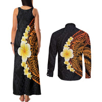 Hawaiian Tropical Plumeria Art Polynesian Tattoo Couples Matching Tank Maxi Dress and Long Sleeve Button Shirt Black and Autumn Color Theme LT03 - Polynesian Pride
