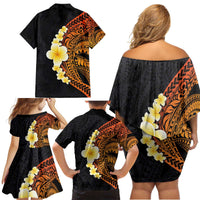 Hawaiian Tropical Plumeria Art Polynesian Tattoo Family Matching Off Shoulder Short Dress and Hawaiian Shirt Black and Autumn Color Theme LT03 - Polynesian Pride