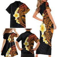 Hawaiian Tropical Plumeria Art Polynesian Tattoo Family Matching Short Sleeve Bodycon Dress and Hawaiian Shirt Black and Autumn Color Theme LT03 - Polynesian Pride