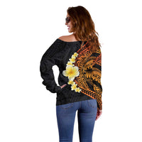 Hawaiian Tropical Plumeria Art Polynesian Tattoo Off Shoulder Sweater Black and Autumn Color Theme LT03 - Polynesian Pride