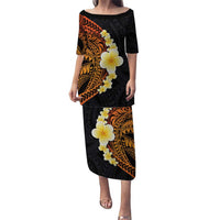 Hawaiian Tropical Plumeria Art Polynesian Tattoo Puletasi Black and Autumn Color Theme LT03 Long Dress Orange - Polynesian Pride