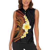 Hawaiian Tropical Plumeria Art Polynesian Tattoo Women Sleeveless Polo Shirt Black and Autumn Color Theme LT03 - Polynesian Pride