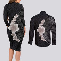 Hawaiian Tropical Plumeria Art Polynesian Tattoo Couples Matching Long Sleeve Bodycon Dress and Long Sleeve Button Shirt Grayscale Color LT03 - Polynesian Pride