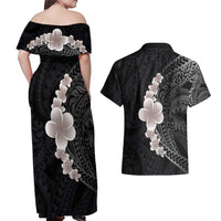 Hawaiian Tropical Plumeria Art Polynesian Tattoo Couples Matching Off Shoulder Maxi Dress and Hawaiian Shirt Grayscale Color LT03 - Polynesian Pride