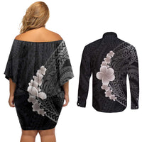 Hawaiian Tropical Plumeria Art Polynesian Tattoo Couples Matching Off Shoulder Short Dress and Long Sleeve Button Shirt Grayscale Color LT03 - Polynesian Pride