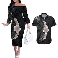 Hawaiian Tropical Plumeria Art Polynesian Tattoo Couples Matching Off The Shoulder Long Sleeve Dress and Hawaiian Shirt Grayscale Color LT03 Black - Polynesian Pride