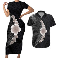 Hawaiian Tropical Plumeria Art Polynesian Tattoo Couples Matching Short Sleeve Bodycon Dress and Hawaiian Shirt Grayscale Color LT03 Black - Polynesian Pride
