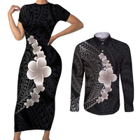 Hawaiian Tropical Plumeria Art Polynesian Tattoo Couples Matching Short Sleeve Bodycon Dress and Long Sleeve Button Shirt Grayscale Color LT03 Black - Polynesian Pride
