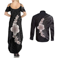 Hawaiian Tropical Plumeria Art Polynesian Tattoo Couples Matching Summer Maxi Dress and Long Sleeve Button Shirt Grayscale Color LT03 - Polynesian Pride