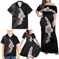 Hawaiian Tropical Plumeria Art Polynesian Tattoo Family Matching Off Shoulder Maxi Dress and Hawaiian Shirt Grayscale Color LT03 - Polynesian Pride