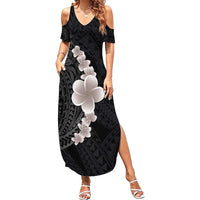 Hawaiian Tropical Plumeria Art Polynesian Tattoo Family Matching Summer Maxi Dress and Hawaiian Shirt Grayscale Color LT03 Mom's Dress Black - Polynesian Pride