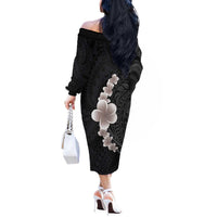 Hawaiian Tropical Plumeria Art Polynesian Tattoo Off The Shoulder Long Sleeve Dress Grayscale Color LT03 - Polynesian Pride