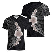 Hawaiian Tropical Plumeria Art Polynesian Tattoo Women V-Neck T-Shirt Grayscale Color LT03 - Polynesian Pride