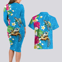 Hawaiian Tropical Flower and Honu Under Blue Water Couples Matching Long Sleeve Bodycon Dress and Hawaiian Shirt LT03 - Polynesian Pride