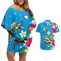 Hawaiian Tropical Flower and Honu Under Blue Water Couples Matching Off Shoulder Short Dress and Hawaiian Shirt LT03 Blue - Polynesian Pride
