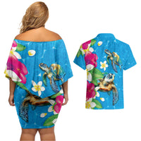 Hawaiian Tropical Flower and Honu Under Blue Water Couples Matching Off Shoulder Short Dress and Hawaiian Shirt LT03 - Polynesian Pride