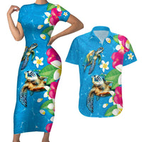 Hawaiian Tropical Flower and Honu Under Blue Water Couples Matching Short Sleeve Bodycon Dress and Hawaiian Shirt LT03 Blue - Polynesian Pride