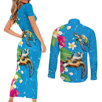 Hawaiian Tropical Flower and Honu Under Blue Water Couples Matching Short Sleeve Bodycon Dress and Long Sleeve Button Shirt LT03 - Polynesian Pride