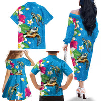Hawaiian Tropical Flower and Honu Under Blue Water Family Matching Off The Shoulder Long Sleeve Dress and Hawaiian Shirt LT03 - Polynesian Pride