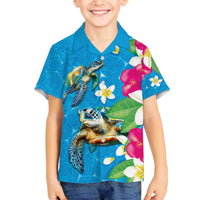 Hawaiian Tropical Flower and Honu Under Blue Water Family Matching Off The Shoulder Long Sleeve Dress and Hawaiian Shirt LT03 Son's Shirt Blue - Polynesian Pride
