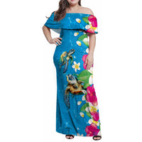 Hawaiian Tropical Flower and Honu Under Blue Water Family Matching Off Shoulder Maxi Dress and Hawaiian Shirt LT03 Mom's Dress Blue - Polynesian Pride