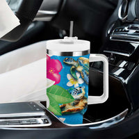 Hawaiian Tropical Flower and Honu Under Blue Water Tumbler With Handle