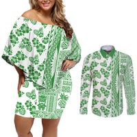 Hawaii Couples Matching Off Shoulder Short Dress and Long Sleeve Button Shirt Aloha Tropical Plants Tribal Pattern Green Version LT03 Green - Polynesian Pride