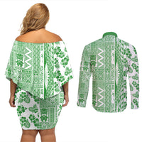 Hawaii Couples Matching Off Shoulder Short Dress and Long Sleeve Button Shirt Aloha Tropical Plants Tribal Pattern Green Version LT03 - Polynesian Pride