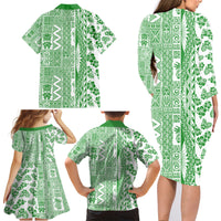 Hawaii Family Matching Long Sleeve Bodycon Dress and Hawaiian Shirt Aloha Tropical Plants Tribal Pattern Green Version LT03 - Polynesian Pride