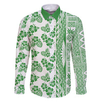 Hawaii Family Matching Puletasi Dress and Hawaiian Shirt Aloha Tropical Plants Tribal Pattern Green Version LT03 Dad's Shirt - Long Sleeve Green - Polynesian Pride