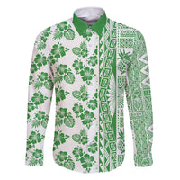 Hawaii Family Matching Short Sleeve Bodycon Dress and Hawaiian Shirt Aloha Tropical Plants Tribal Pattern Green Version LT03 Dad's Shirt - Long Sleeve Green - Polynesian Pride