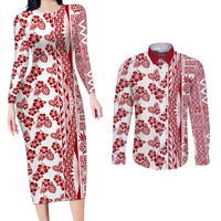 Hawaii Couples Matching Long Sleeve Bodycon Dress and Long Sleeve Button Shirt Aloha Tropical Plants Tribal Pattern Red Version LT03 Red - Polynesian Pride