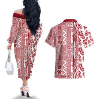 Hawaii Couples Matching Off The Shoulder Long Sleeve Dress and Hawaiian Shirt Aloha Tropical Plants Tribal Pattern Red Version LT03 - Polynesian Pride