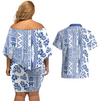 Hawaii Couples Matching Off Shoulder Short Dress and Hawaiian Shirt Aloha Tropical Plants Tribal Pattern Blue Version LT03 - Polynesian Pride