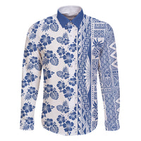 Hawaii Family Matching Long Sleeve Bodycon Dress and Hawaiian Shirt Aloha Tropical Plants Tribal Pattern Blue Version LT03 Dad's Shirt - Long Sleeve Blue - Polynesian Pride